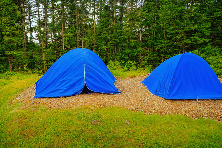 A bright blue tent rests on a quiet paved campsite along the Maine coast. Sunrise warms the rolling hills, while gravel patches and large boulders add a rugged touch. The clear sky makes the whole scene feel fresh and peaceful.