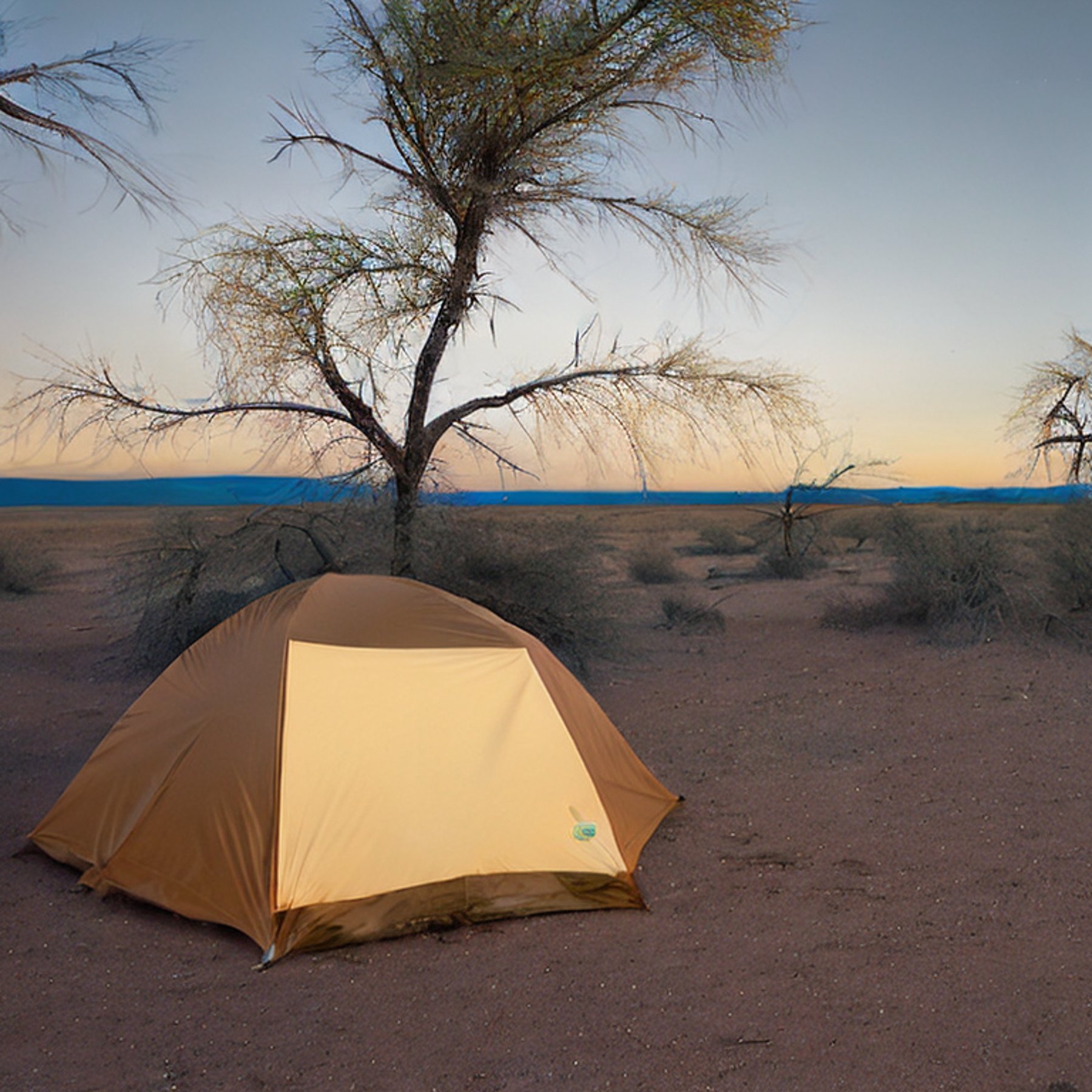 A tan tent rests on a dirt clearing in the New Mexico desert. Tall grass, fallen leaves, and small trees surround the campsite as rain falls under the dusky sky. Hikers enjoy the peaceful, wild setting.