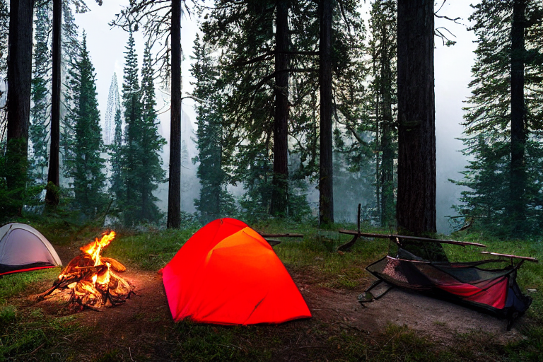 A red tent rests in a peaceful Yosemite campsite surrounded by tall trees and green ferns. A warm campfire glows beside wooden logs and cozy chairs, while a hammock hangs nearby. Soft golden light and gentle fog create a calm, dreamy mood.