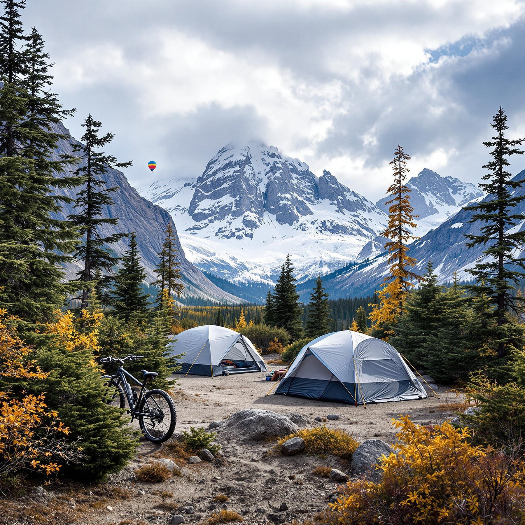 Two cozy tents sit among tall pine trees, with a bike parked nearby. Snowy mountains rise high in the background, and a colorful hot air balloon floats in the sky. The campsite feels peaceful and full of adventure.
