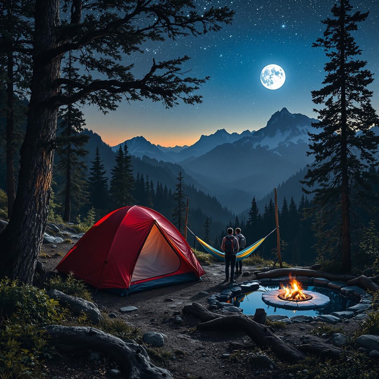 Under a bright moon and twinkling stars, this cozy campsite rests snugly by a flickering campfire in the tranquil forest. Tall mountains stand like gentle giants in the background, while a sturdy red tent and a relaxing hammock await happy campers. It's a perfect spot for stories and stargazing!