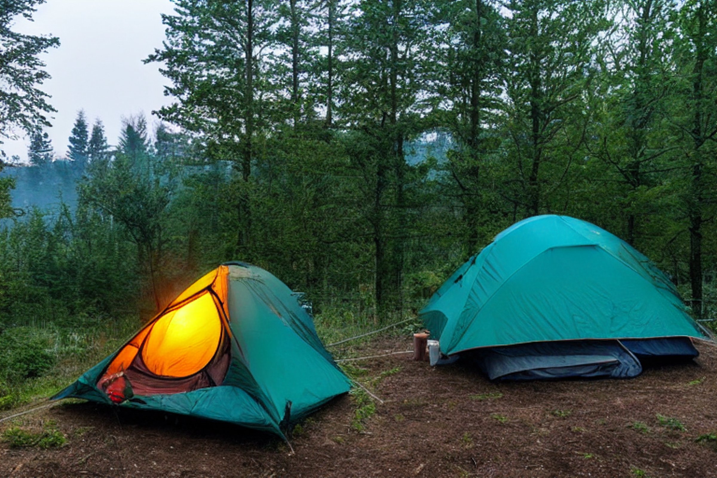 A teal tent rests beside a warm campfire on a quiet dirt patch in Upstate New York. Mist drifts along the hiking path, while mountains rise in the soft sunrise. A lantern and large log add a cozy touch to the peaceful campsite.