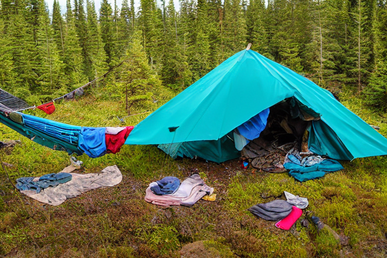 A bright teal tent rests beside a dirt patch in a snowy Alaska campsite. Tall trees surround the paved ground, while flowers and a clothesline with drying clothes add a cozy touch. The quiet night feels wild, cold, and peaceful.