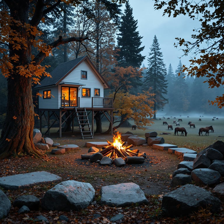 A white treehouse overlooks a misty rainforest campsite at night. A warm campfire glows among large stone slabs and wooden logs, while fall-colored trees sway in the wind. Wild horses graze in a distant field.