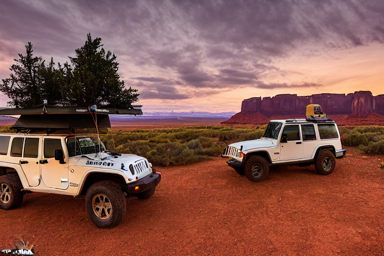 A cozy Jeep campsite rests beneath towering red rocks in Monument Valley. A rooftop tent overlooks a warm campfire, with flowers and stone slabs scattered across the damp ground. Rainy sunset light fills the peaceful scene.