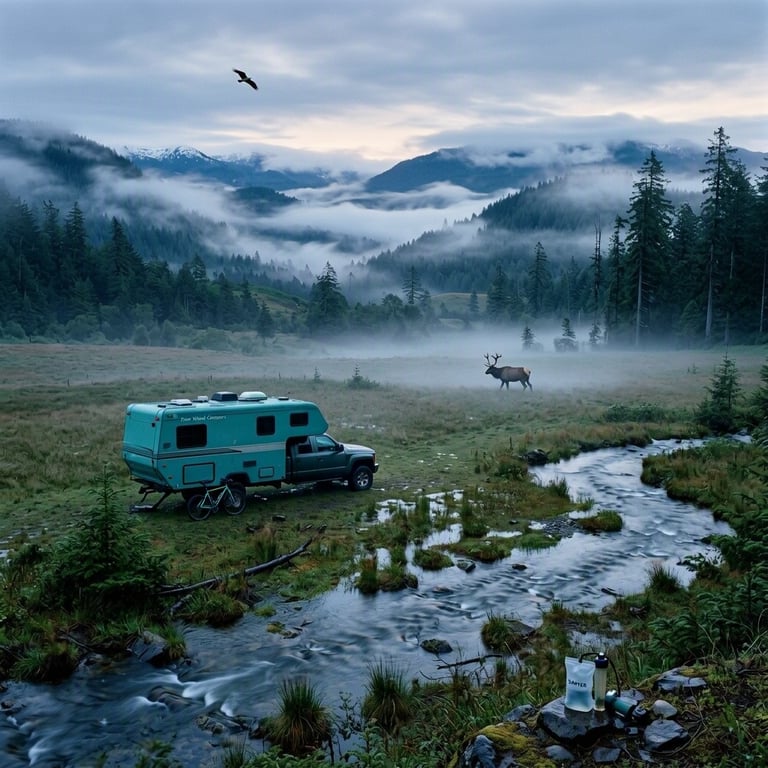 A turquoise truck camper rests in a quiet meadow beside a winding stream and bicycle. Mist drifts over the forested hills in the soft blue light before dawn. A lone elk steps from the fog while a bird flies overhead.