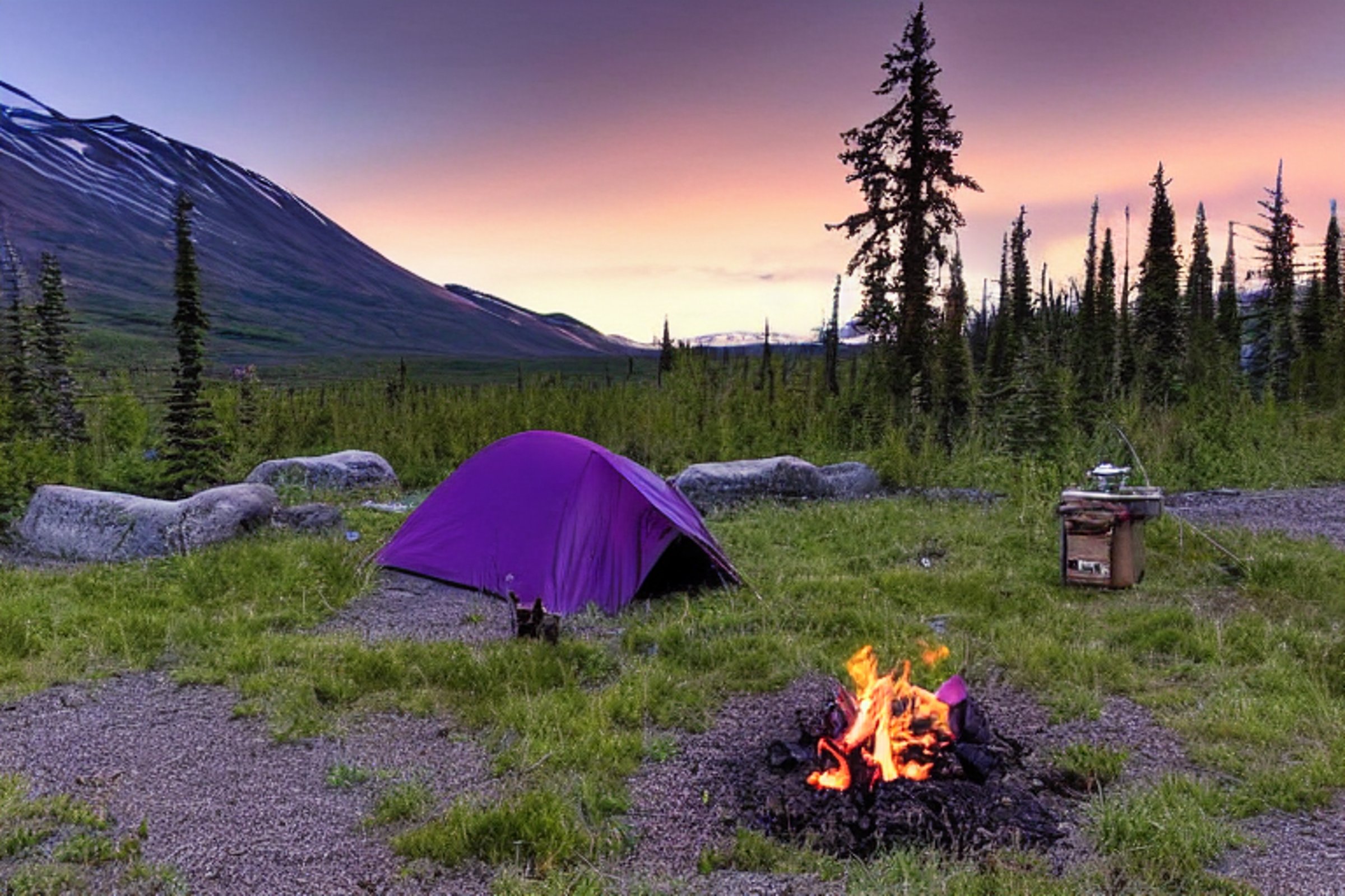 A purple tent rests on a quiet dirt campsite in the Alaska wilderness. Nearby, a campfire glows among a ring of stones, with logs ready for the evening. The clear dusk sky stretches wide as birds fly overhead.