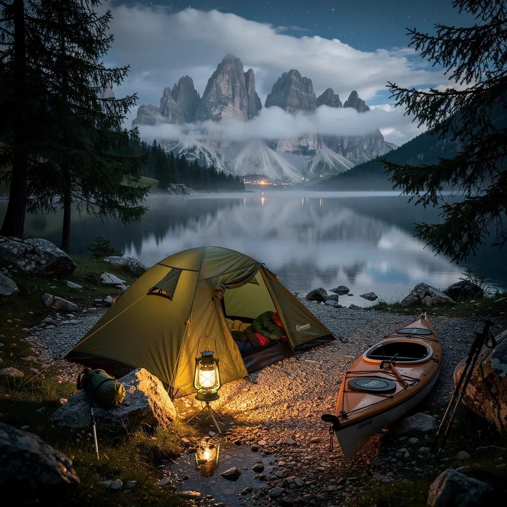 A small green tent sits by a calm mountain lake in a rocky meadow after the storm. A warm lantern glows at the doorway, making the wet stones shine. A lone kayak rests on the pebbled shore, while tall pine trees frame the quiet camp. Above, thin clouds drift apart to show a few bright stars.