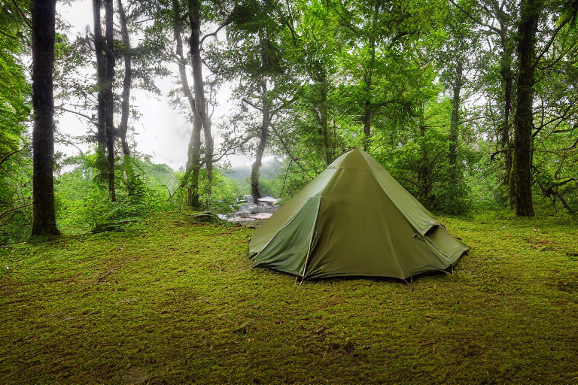 A green and tan tent rests on a dirt clearing in the Ozark woods. Mossy trees, ferns, and tall grass surround a small stream flowing through the campsite. Rainy sunset light gives the peaceful scene a soft, cozy glow.