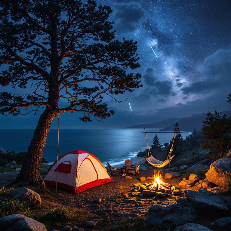 A red-and-white tent rests on a sandy beach beside the ocean. A hammock and rope swing hang from a sturdy tree, while a campfire warms roasting marshmallows nearby. Dark storm clouds and bright meteors fill the sky, creating a wild, magical view from above.