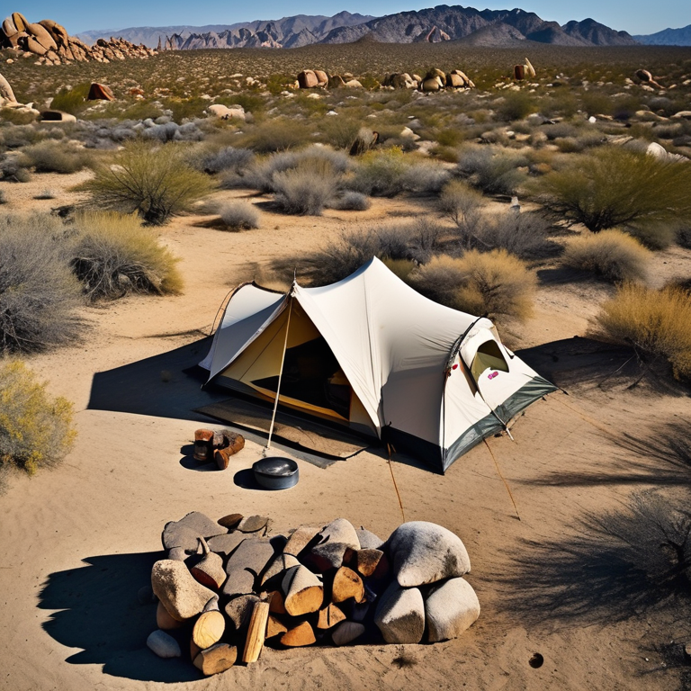 A cozy tent rests on a dusty campsite in Joshua Tree National Park. A stone-ringed campfire and logs sit nearby, with rolling hills and rugged land stretching into the distance. Stormy skies add a wild, dramatic mood.