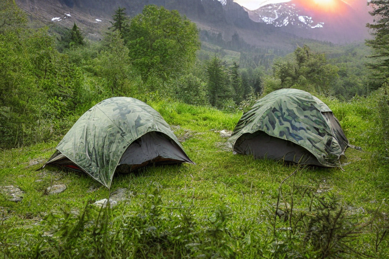A green camo tent rests on a dirt campsite beside a quiet creek. Ferns and stones surround the tent, while a soft light glows inside. Misty mountains rise in the background under the warm colors of sunset.