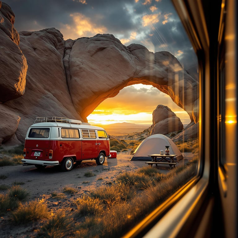 A cozy van and tent sit under a giant rocky arch, glowing warmly as the sun sets. The sky is painted with brilliant oranges and soft purples, making it feel magical. It’s the perfect spot for an evening adventure in nature.