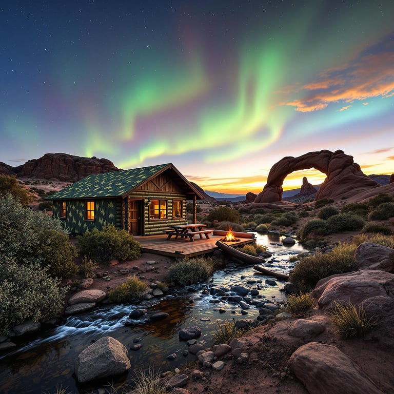 A green camo cabin rests among tall bushes in Arches National Park. A clear stream winds through the campsite beside a picnic table and a crackling campfire. Sunset colors glow beneath the northern lights.