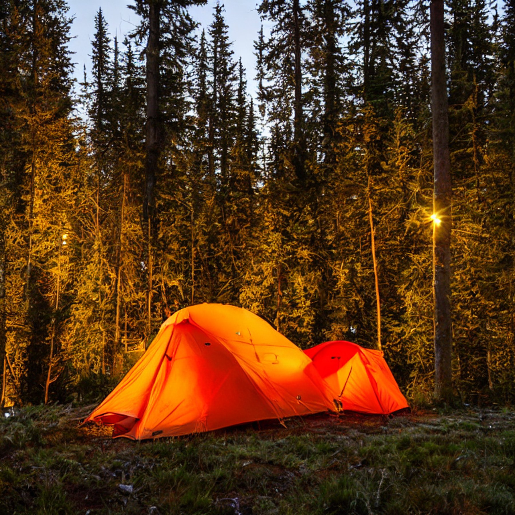 An orange tent glows softly beside a warm campfire at dusk. Tall trees and thick bushes surround the quiet dirt campsite in Washington State, beneath a clear sky.