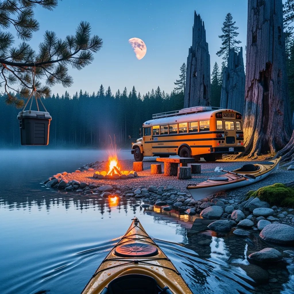 You glide toward a rocky shore where a cozy campfire glows beside a mustard-yellow school bus home. Ancient stone-like tree trunks rise around the campsite, reflected in the calm, misty lake. A second kayak rests on the beach, and a food container hangs high in a pine tree. Over the dark forest, a reddish, dimmed moon peeks through a gentle twilight sky.