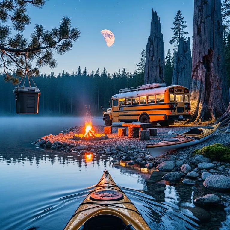 You glide toward a rocky shore where a cozy campfire glows beside a mustard-yellow school bus home. Ancient stone-like tree trunks rise around the campsite, reflected in the calm, misty lake. A second kayak rests on the beach, and a food container hangs high in a pine tree. Over the dark forest, a reddish, dimmed moon peeks through a gentle twilight sky.
