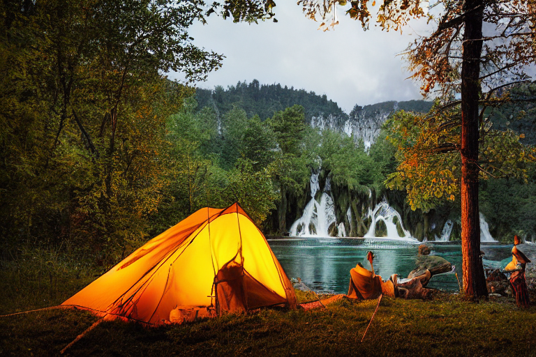 A cozy tent sits beside a glowing campfire on a dirt clearing in Plitvice Lakes National Park. Tall trees and misty mountains surround the campsite as light rain falls. A small twig rests on the ground, adding to the peaceful outdoor scene.