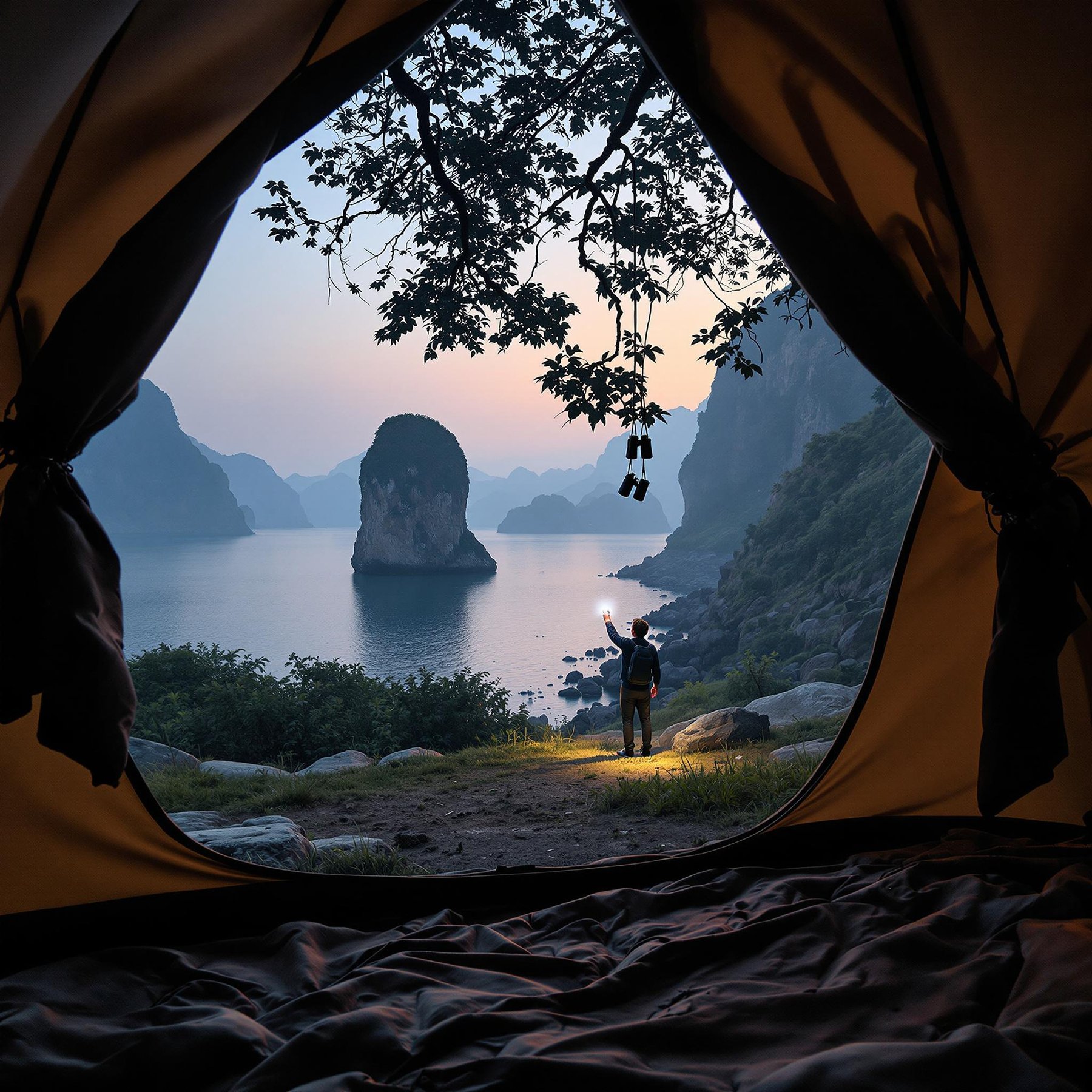 The campsite overlooks a peaceful lake surrounded by tall, rocky cliffs and a lone, mysterious island. It's evening, and the sky is painted in soft shades of pink and blue, creating a calm and magical atmosphere. A silhouette stands near the water, adding a sense of adventure to this serene natural setting.