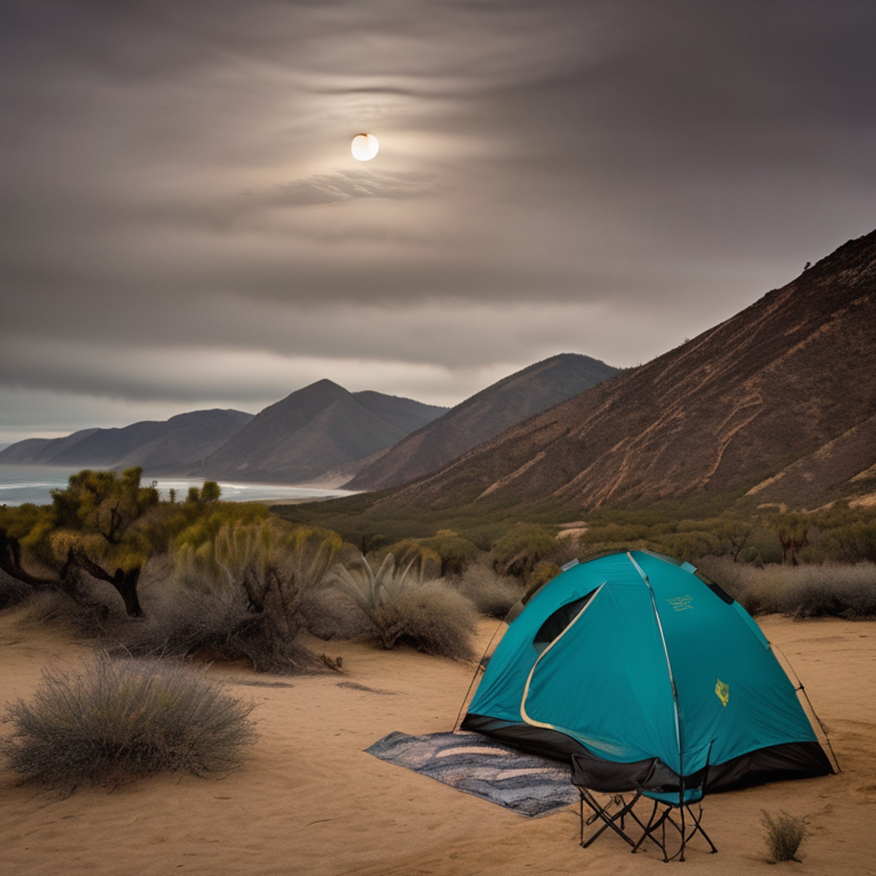 A bright teal tent sits on a dirt campsite near San Diego Beach, with a campfire glowing beside it. Rainy skies, distant mountains, hikers, and a pale moon create a peaceful, adventurous mood. A picnic table rests nearby.