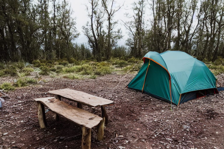 A teal tent rests on a quiet dirt campsite in Death Valley as sunset colors glow through the rainy sky. A small campfire warms the center, with logs, camping gear, and tall grass nearby.
