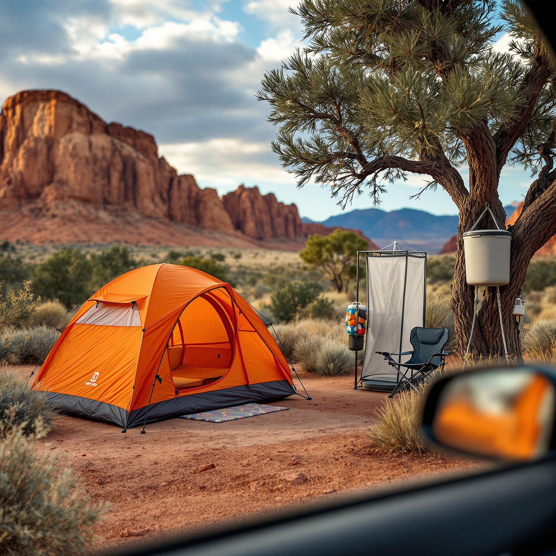 An orange tent rests among the red cliffs of Capitol Reef under a partly cloudy sky. A camping chair, outdoor shower, and bear-proof food container make the site feel ready for adventure.