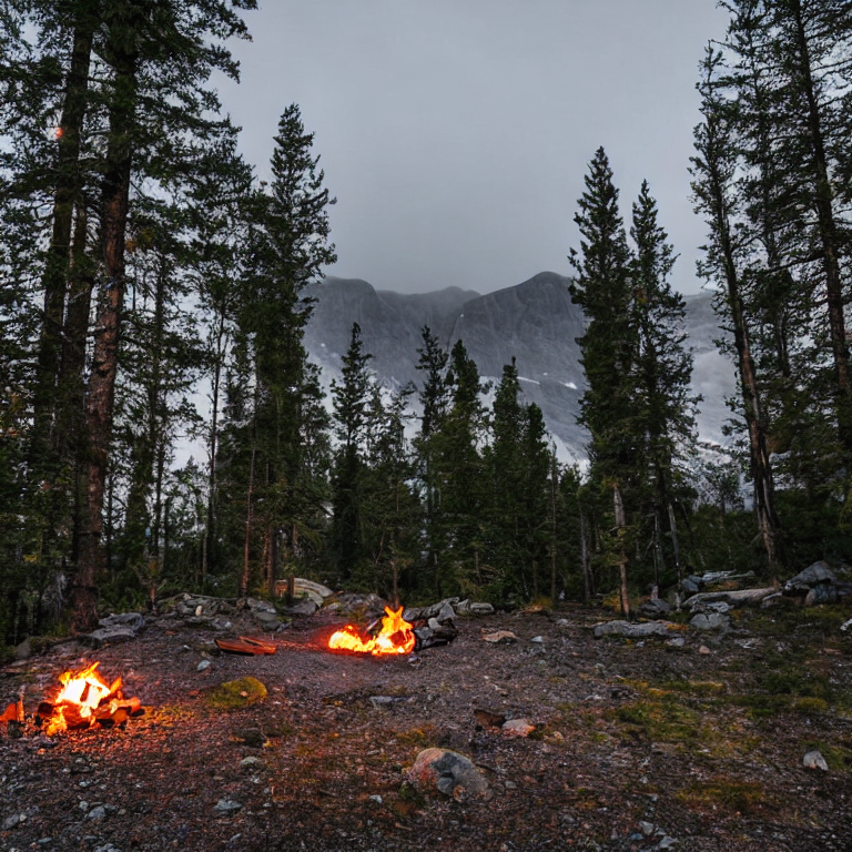 A black tent rests beside a glowing campfire in a quiet Norwegian forest. Tall trees, mossy boulders, and a dirt path surround the campsite as soft fog drifts beneath a sky full of stars.