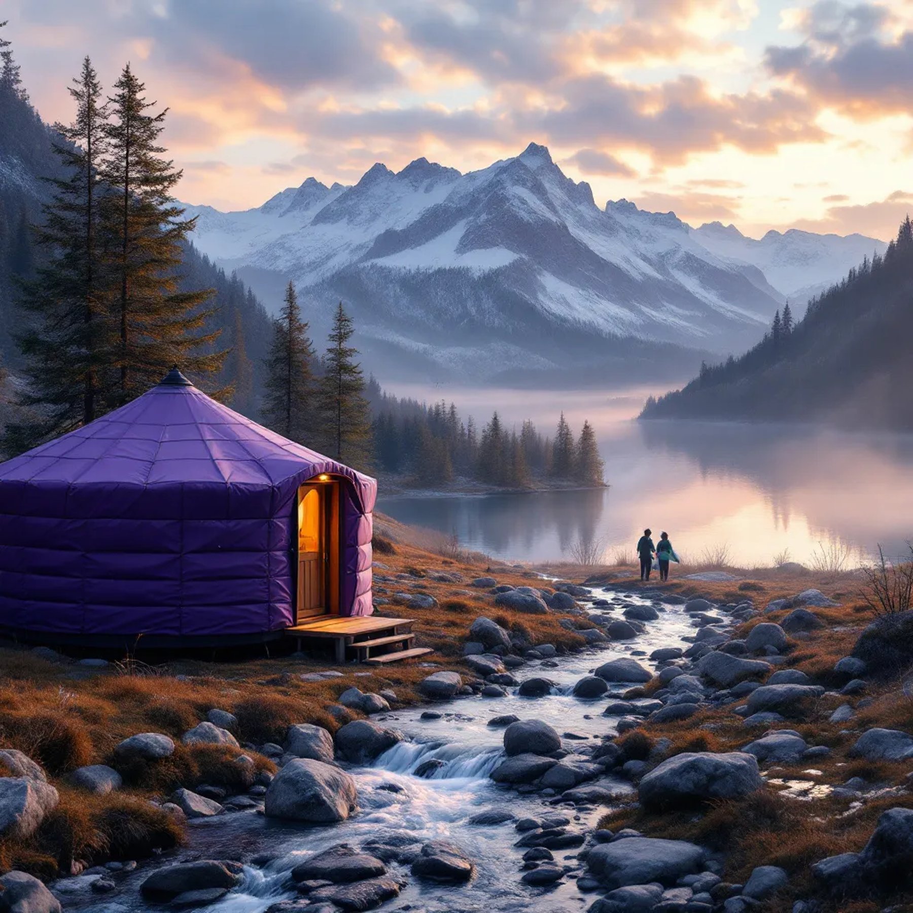 A purple yurt rests among smooth stones beside a clear stream in Plitvice Lakes National Park. Snowy mountains rise in the distance as sunset light glows through the chilly air. Surfers add a playful touch to this unusual campsite.