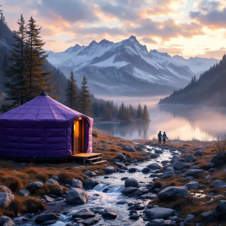 A purple yurt rests among smooth stones beside a clear stream in Plitvice Lakes National Park. Snowy mountains rise in the distance as sunset light glows through the chilly air. Surfers add a playful touch to this unusual campsite.