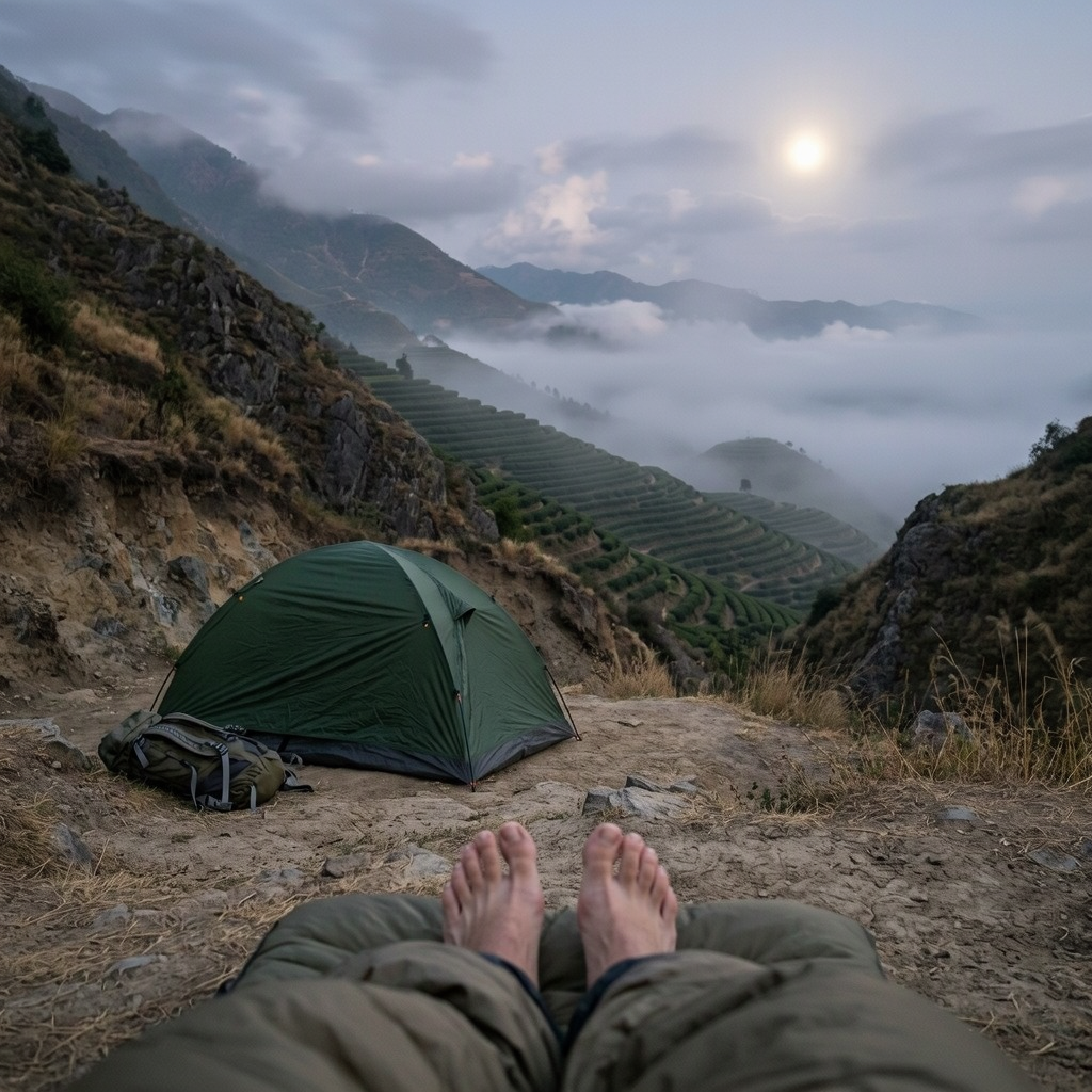 From a sleeping pad, bare toes point toward a tent above misty tea terraces. A pale moon glows over the hills, and a pack lies beside the tent.