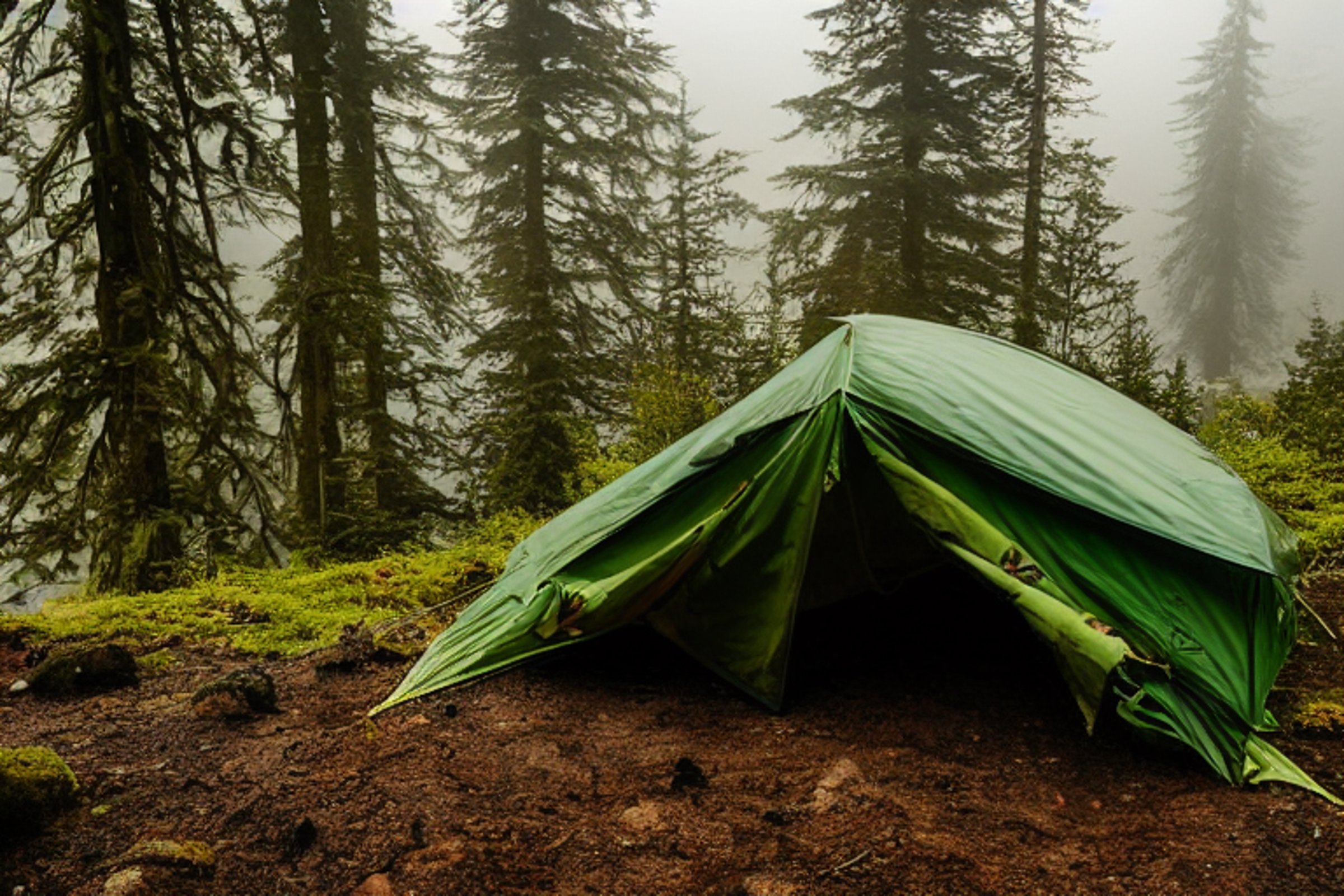 Two forest-green tents sit on a quiet dirt campsite among fallen leaves and tall trees. Soft sunrise light shines through the fog, with waves, a large rock, and a distant log cabin adding to the peaceful view. A backpack rests near the tents.