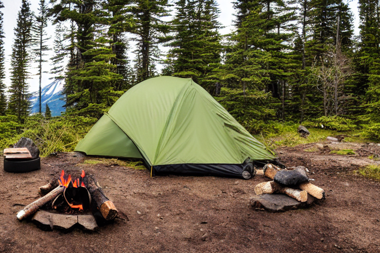 A forest-green tent rests on a dirt clearing beneath a snowy Hawaiian mountain. A warm campfire glows among large stone slabs, with camping gear nearby. Fir trees and falling snow create a calm, cozy night.
