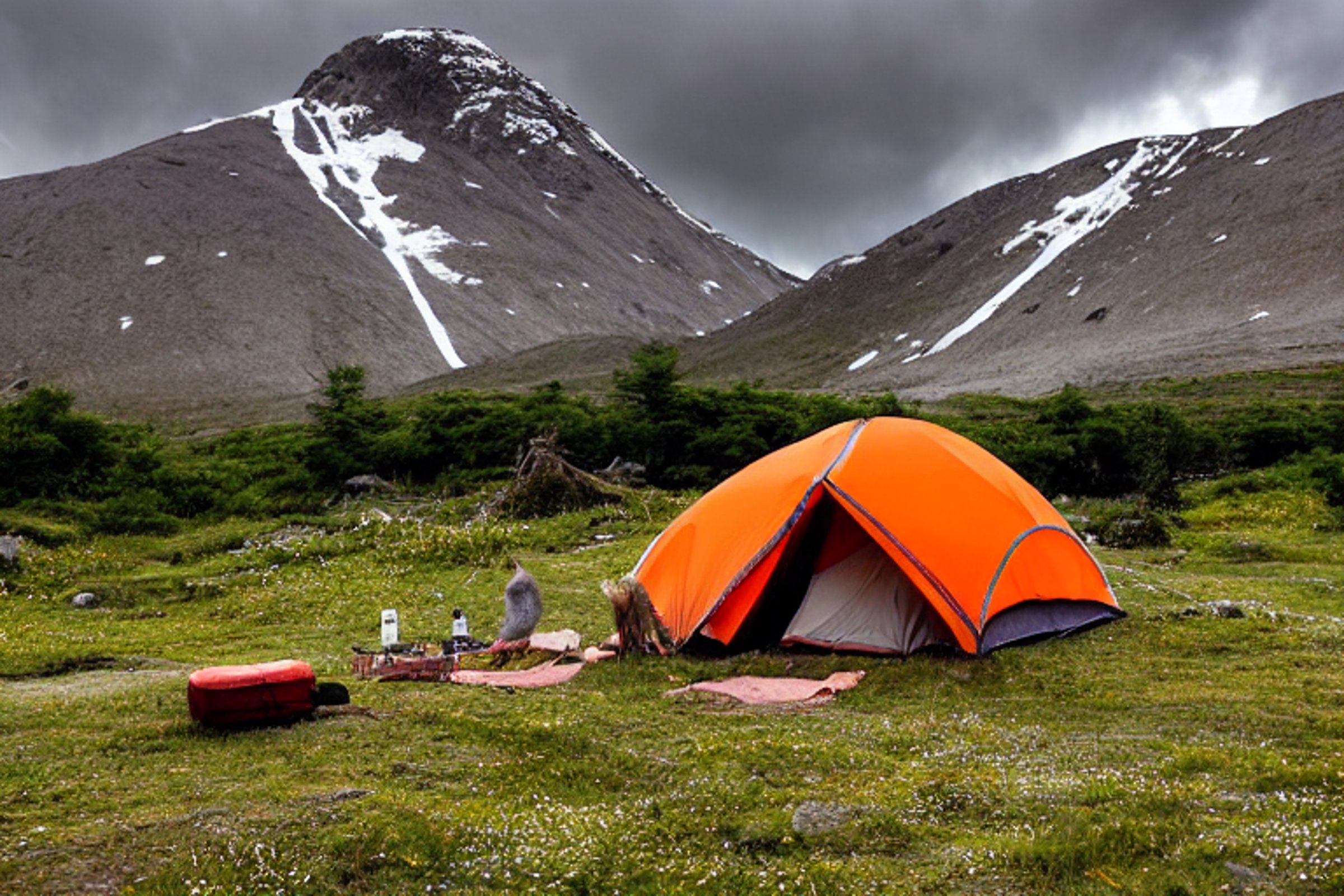 A gray and orange tent rests in a grassy valley beneath a cloudy sky. A campfire warms the dirt clearing, while a wooden guitar lies nearby. Birds soar above the colorful mountain landscape.