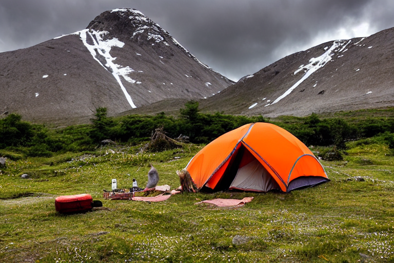 A gray and orange tent rests in a grassy valley beneath a cloudy sky. A campfire warms the dirt clearing, while a wooden guitar lies nearby. Birds soar above the colorful mountain landscape.