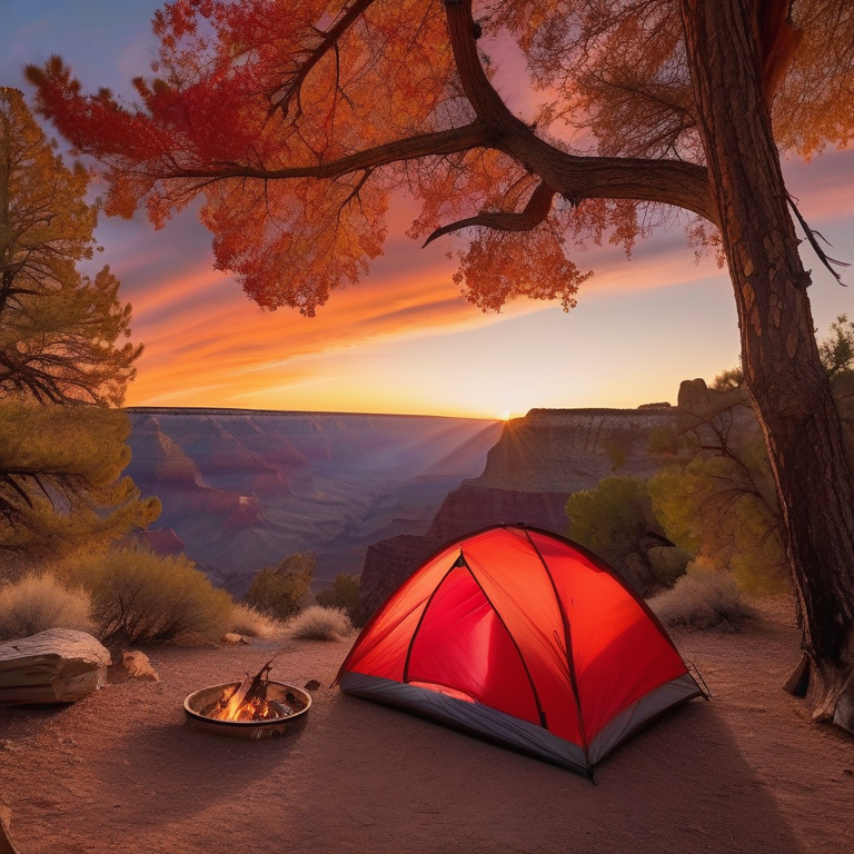 A bright red tent rests on a rocky patch beneath the Grand Canyon’s golden sunset. A warm campfire glows beside a large log, while a backpack sits nearby among colorful fall trees.