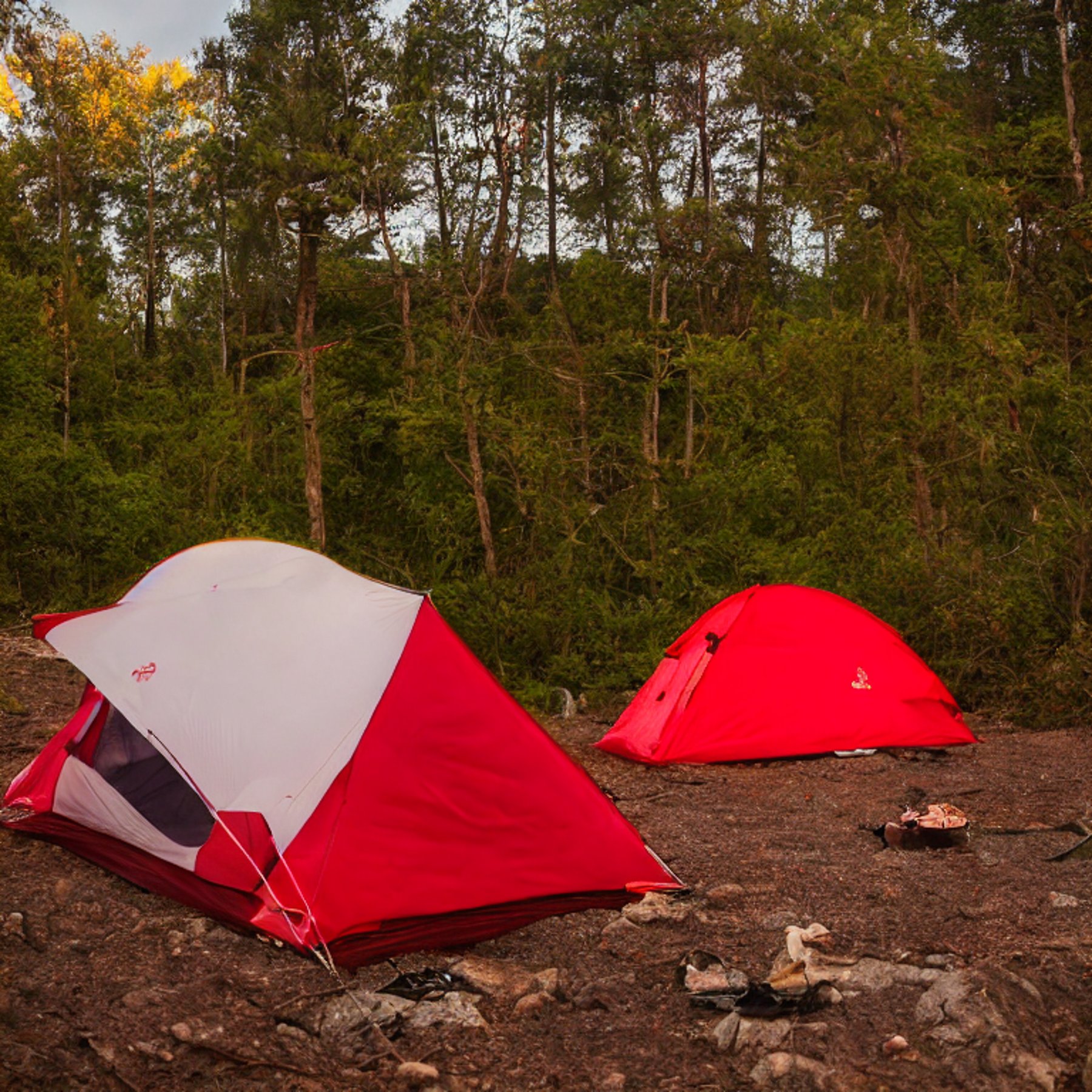 A red and white tent rests beside a warm campfire on a quiet beach at dusk. The ocean stretches toward misty mountains, while colorful fall trees brighten the shore. A distant camper’s flashlight glows under the cloudy sky.