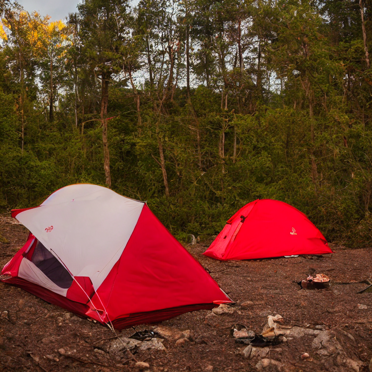 A red and white tent rests beside a warm campfire on a quiet beach at dusk. The ocean stretches toward misty mountains, while colorful fall trees brighten the shore. A distant camper’s flashlight glows under the cloudy sky.