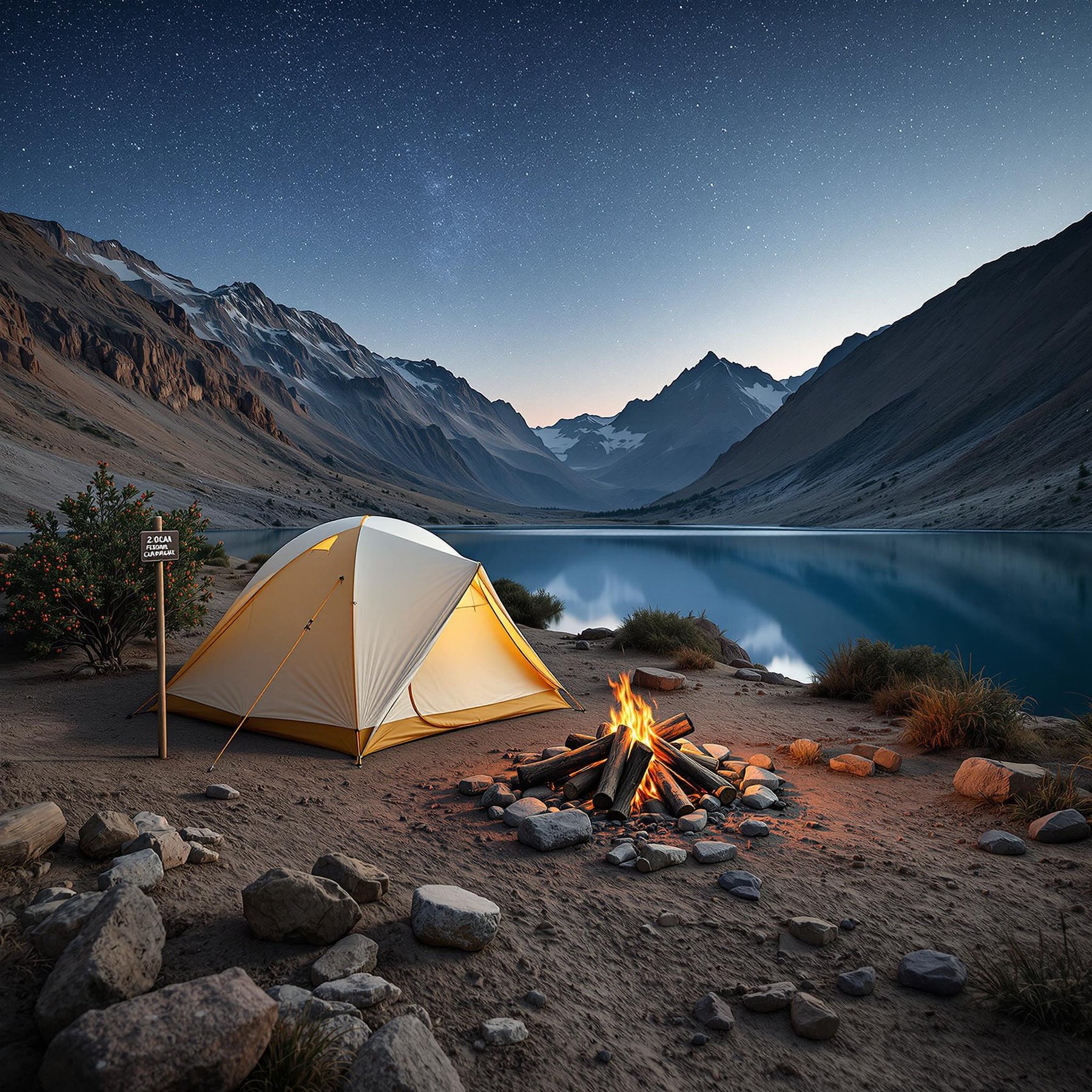 Camp by a sparkling lake under tall mountain peaks and a sky full of stars. A cozy tent and a warm campfire make this spot perfect for relaxing and telling stories. Nature feels peaceful and wild all around you.