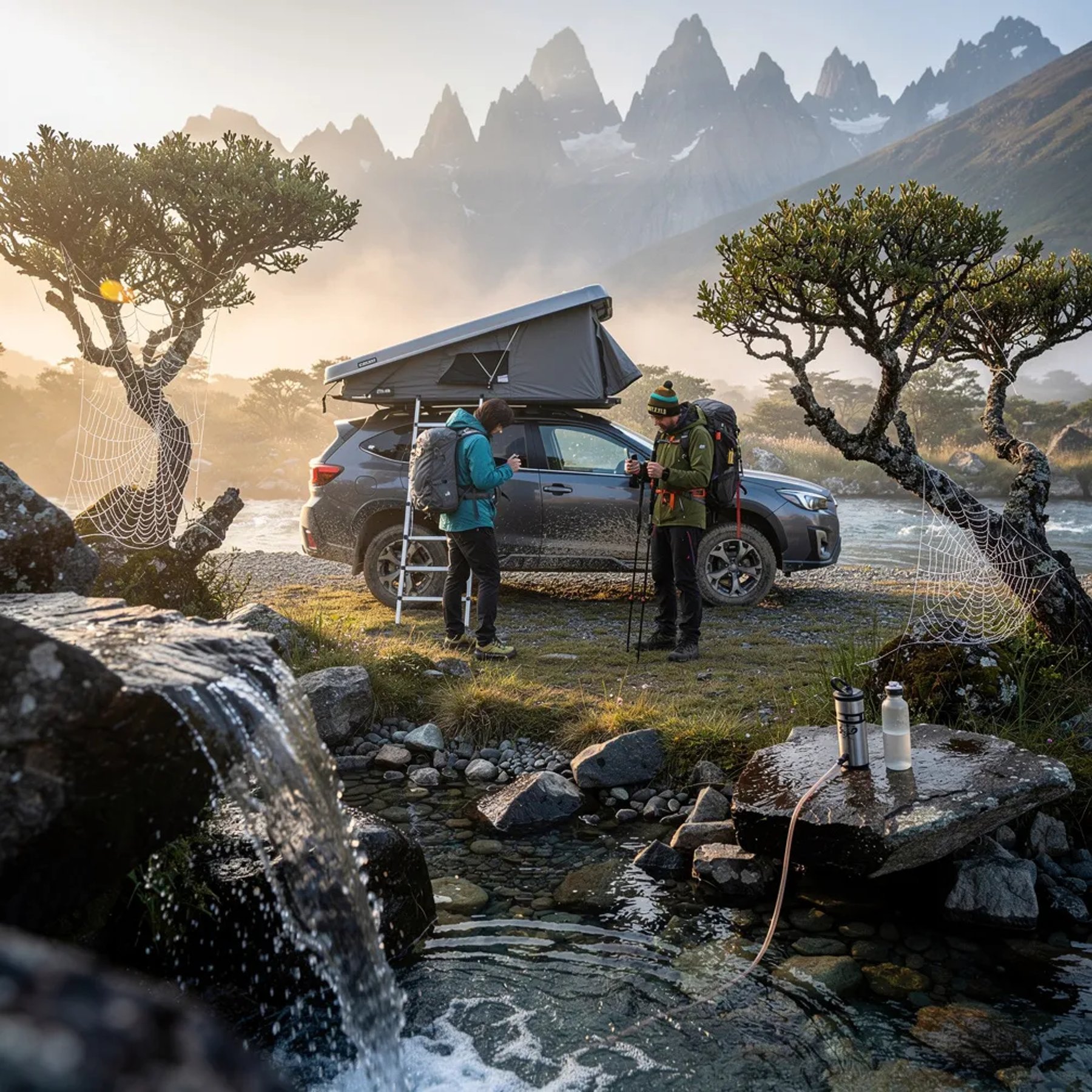 A cool morning mist hangs over a rocky stream in Patagonia, with a little waterfall spraying soft light. A dark Subaru sits by the water with a rooftop tent open, while two hikers get their gear ready. A tiny spider web sparkles with dew between bent trees, and a water bottle and filter rest on a flat stone by the creek.