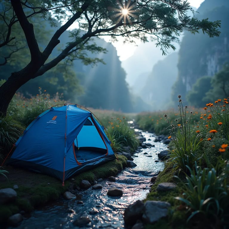 A blue bivy rests beside a clear stream in the wild hills of Halong Bay. Mist drifts through the campsite as wildflowers bloom nearby, while a bright meteor shower lights up the night sky.