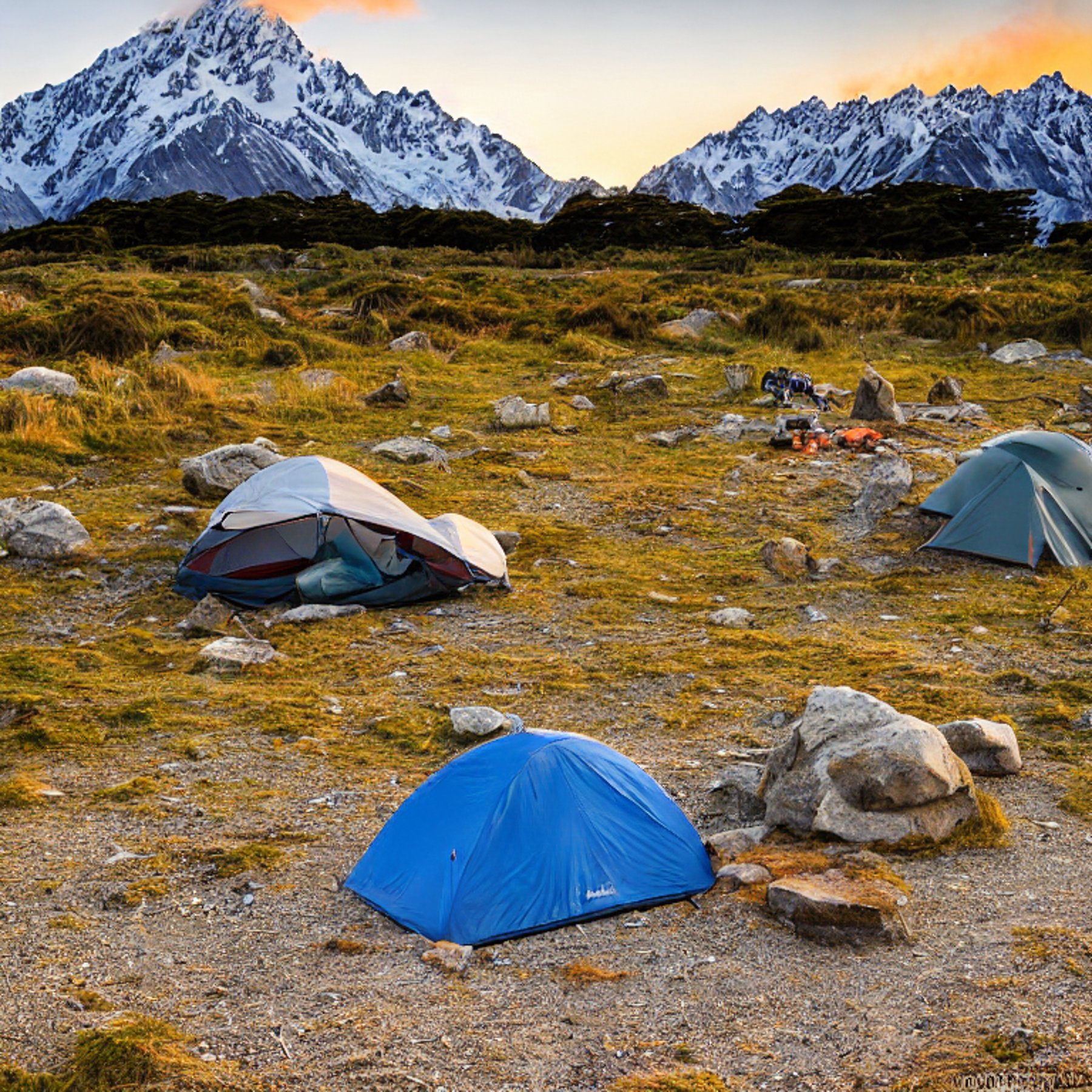 A cozy campsite rests beneath the mountains of Mount Cook National Park. A tent, campfire, chairs, and backpack sit on a sunny dirt clearing surrounded by large stone slabs. The warm sunset light makes the scene feel peaceful and inviting.
