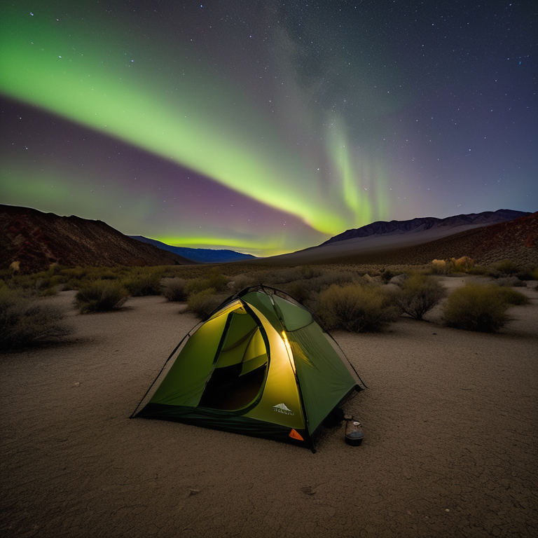 A quiet tent rests on a paved campsite in Death Valley beneath glowing green auroras and cloudy night skies. Rough ground, fallen leaves, a small twig, and a box of camping gear add a wild touch.