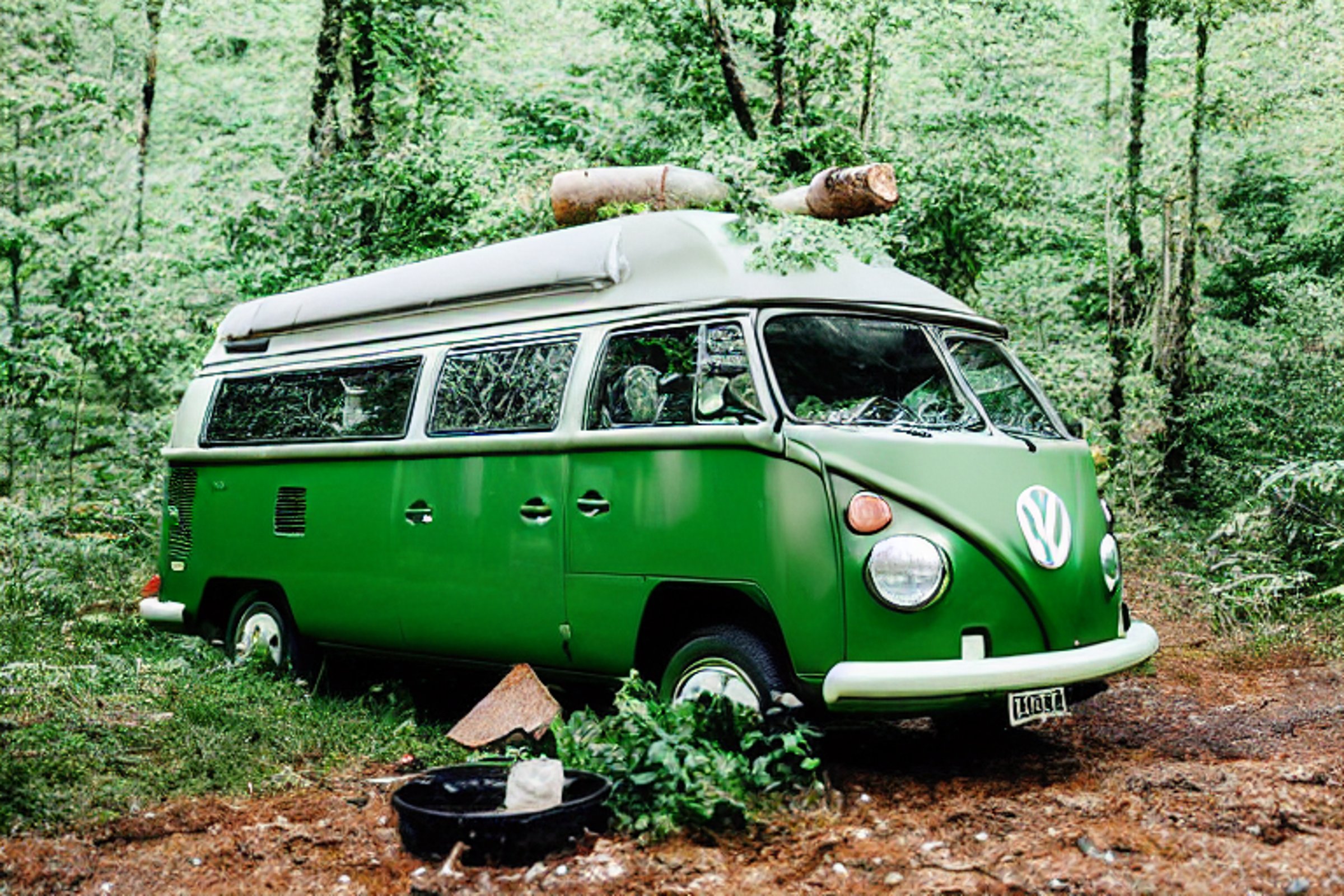 A green VW campervan rests in a rocky, snowy campsite as the sun sets over the Smoky Mountains. Ferns surround a warm campfire, with logs and a white cooler nearby.