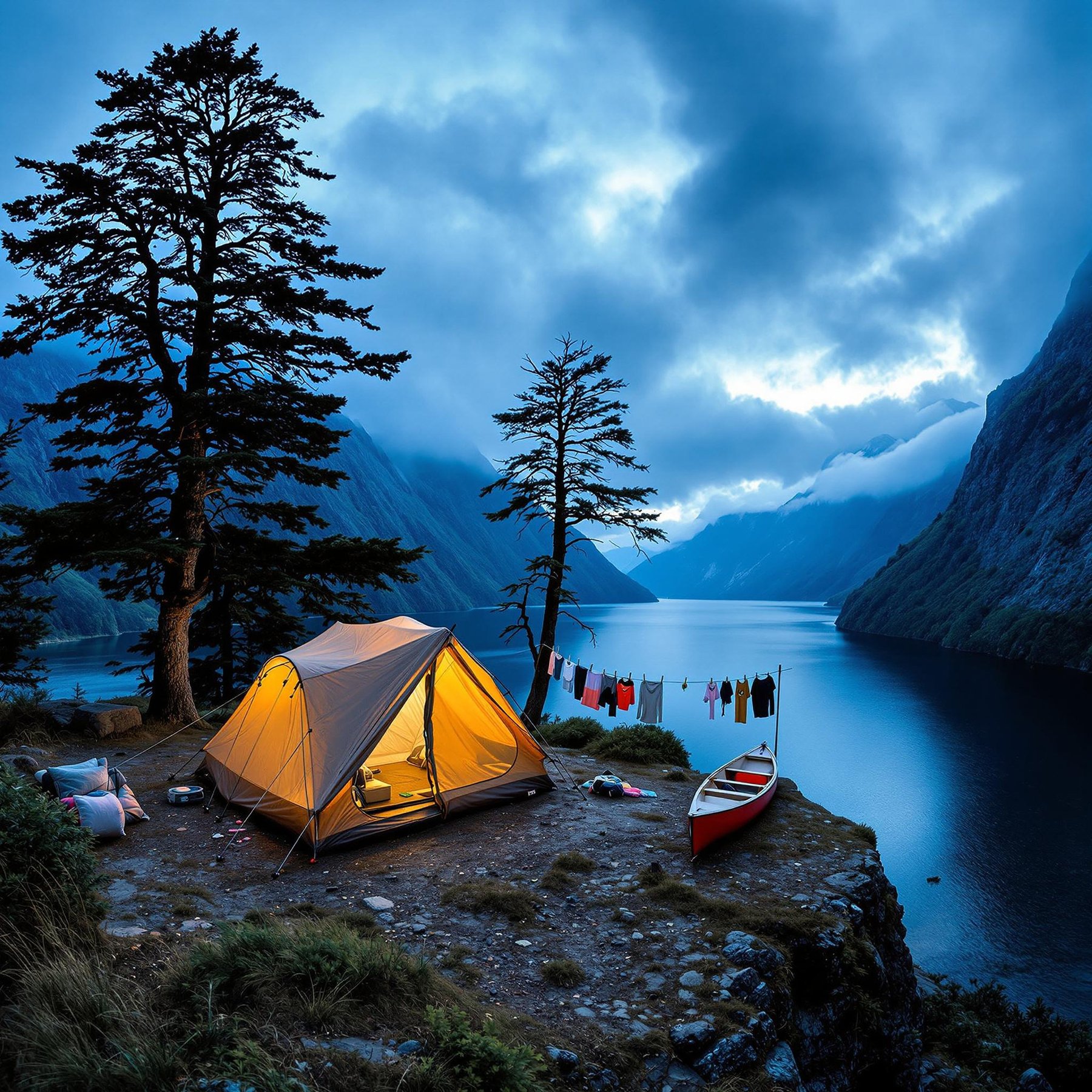 A cozy tent glows warmly beside a peaceful, blue lake surrounded by towering mountains. Tall trees sway gently in the cool evening breeze, and a red canoe rests on the rocky shore. Clothes hang on a line, adding a splash of color to the serene, natural scene.
