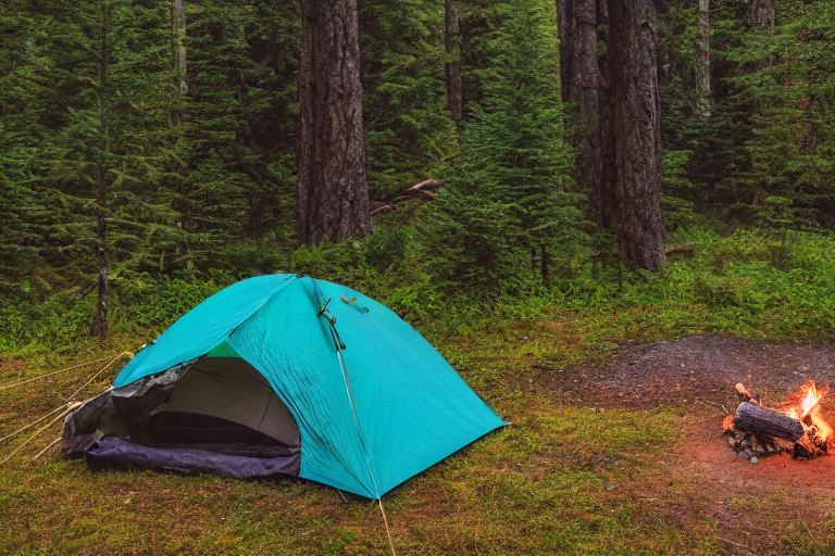 A teal tent rests on a sunny dirt clearing in the Smoky Mountains. A warm campfire, large log, and wooden guitar create a cozy campsite beneath tall trees. Blue mountains rise in the distance.