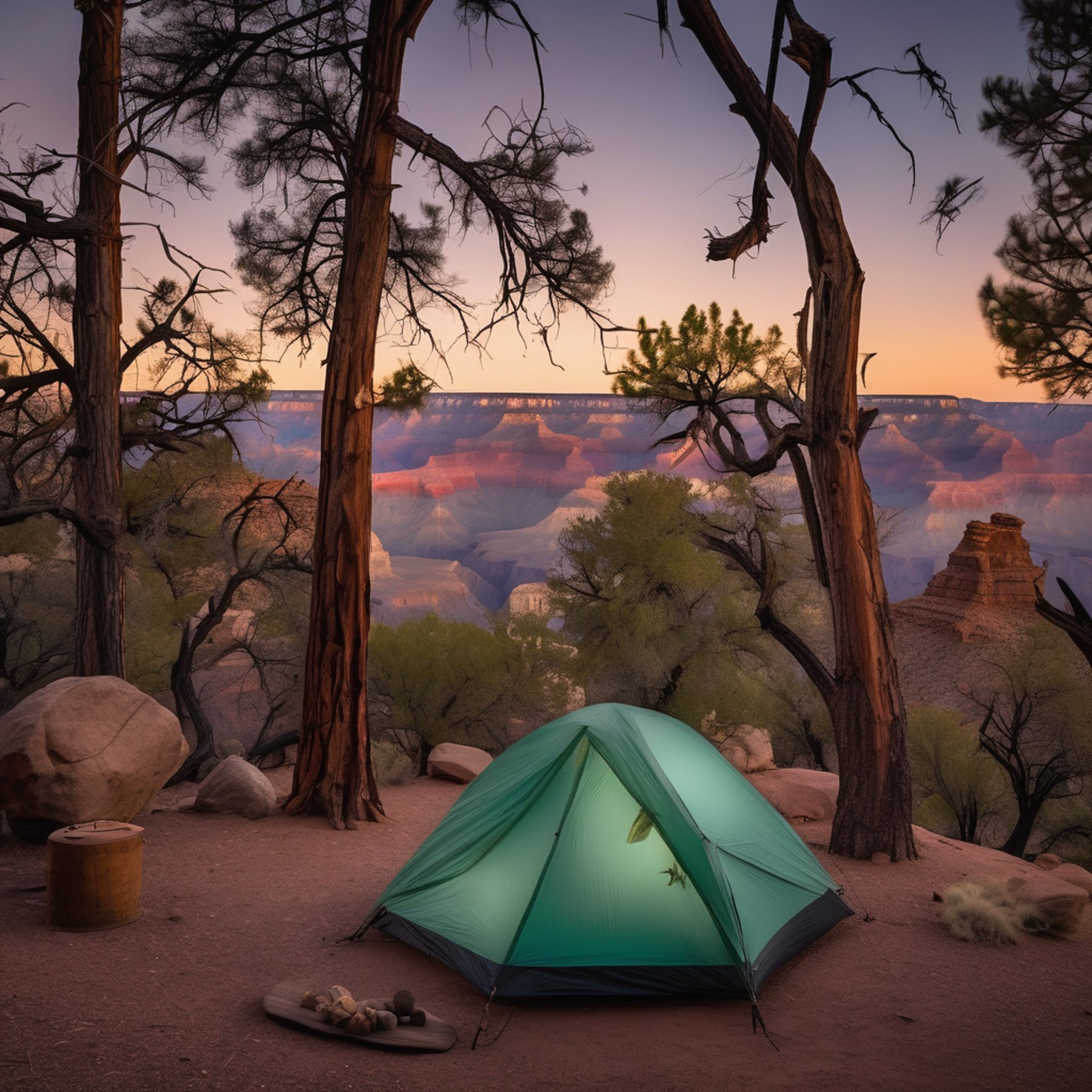 A mint green tent rests among boulders near the Grand Canyon as blue hour settles in. A campfire glows beside a large log, while camping gear, a spider web, and falling hail add to the wild scene.