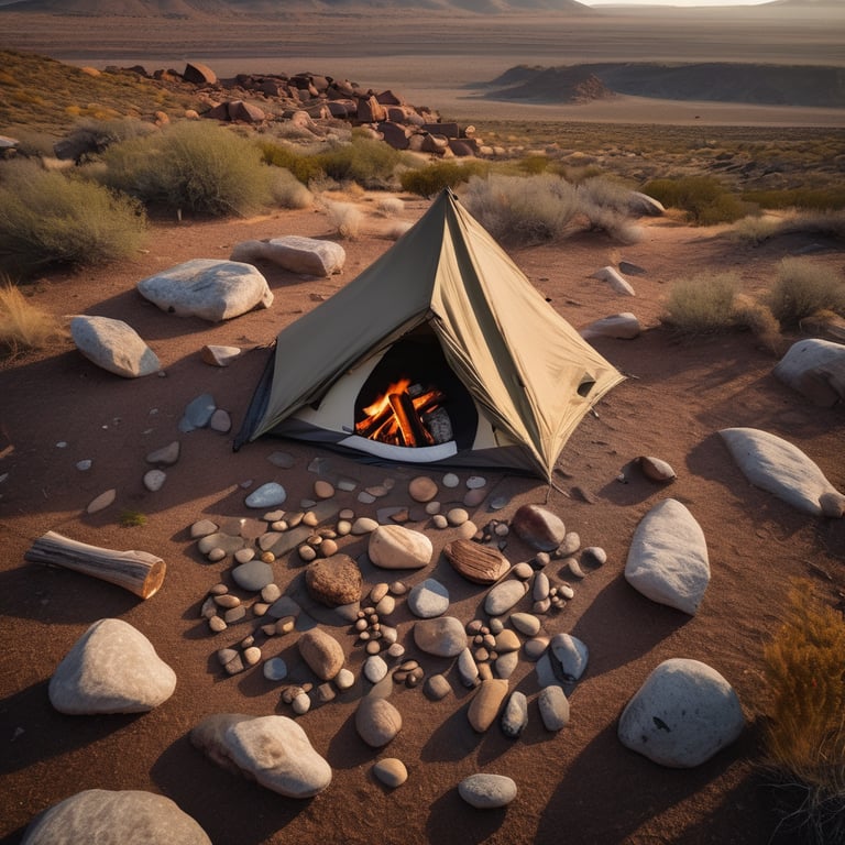 A brown bivy sack rests among ancient petrified trees as the sun rises. Rocks, a large log, and a small campfire ring surround the cozy campsite while hail falls softly.