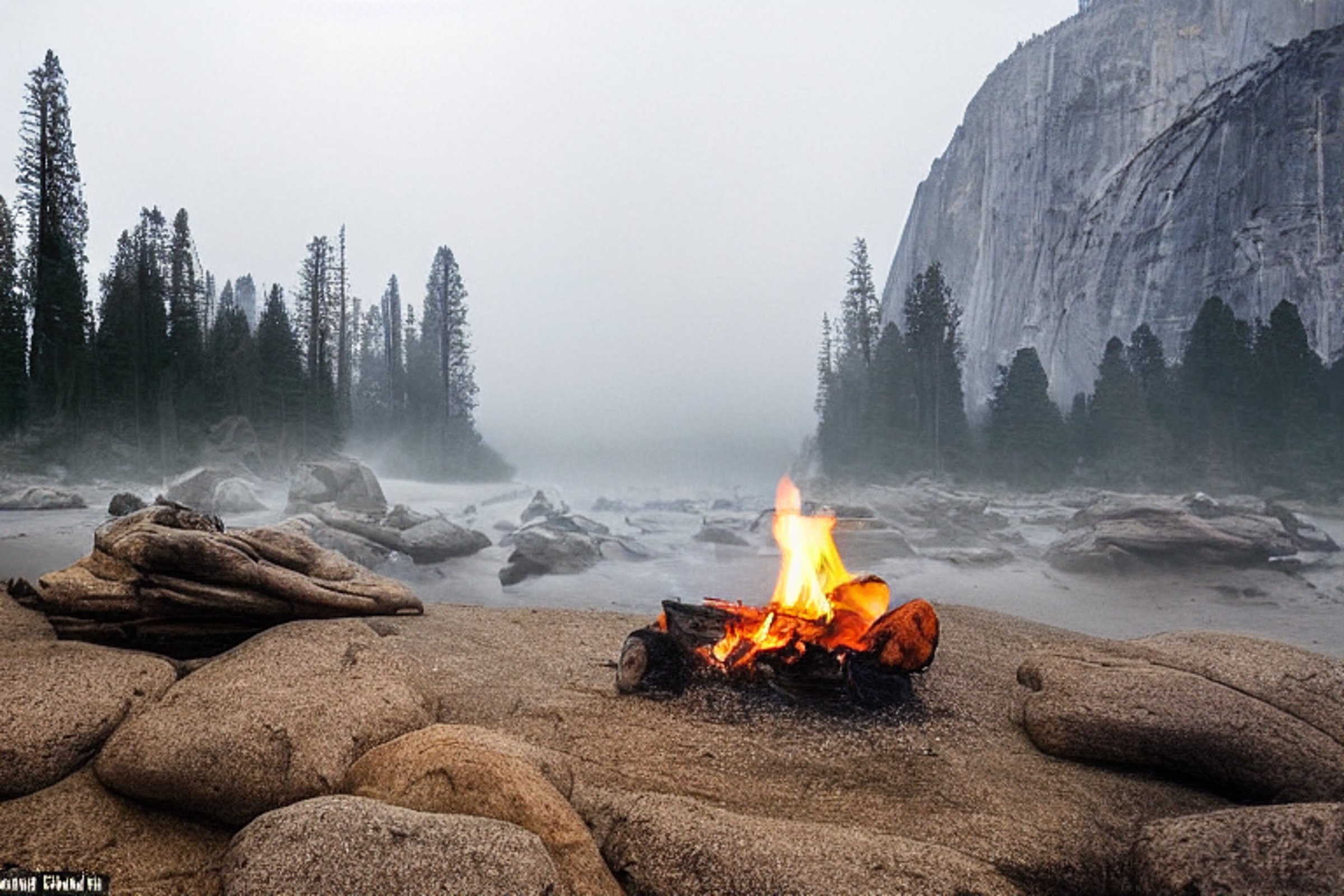 A green tent rests beside a glowing campfire under the foggy night sky. Waves roll nearby, while a large rock and distant birds add to the wild Yosemite setting.