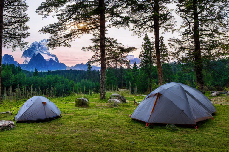 A tan tent rests on a quiet dirt campsite beside a peaceful lake. Camping chairs sit among scattered stones and tall trees. Blue mountains rise in the distance beneath the soft evening light.