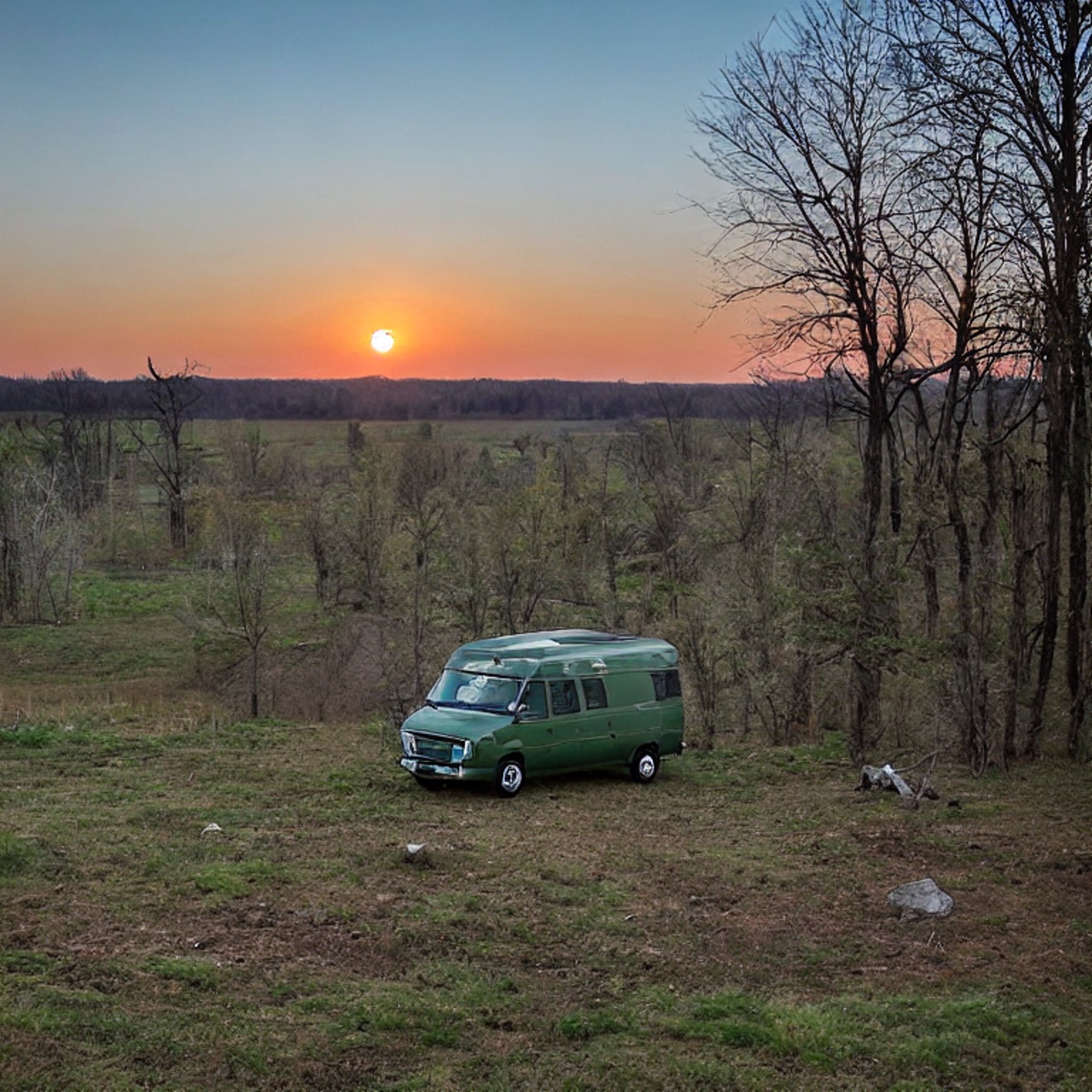 A green camper van rests on a rocky dirt campsite in the quiet woods of Upstate New York. Soft fog drifts through the trees as the sun sets, with a deer in the distance and the moon rising above.